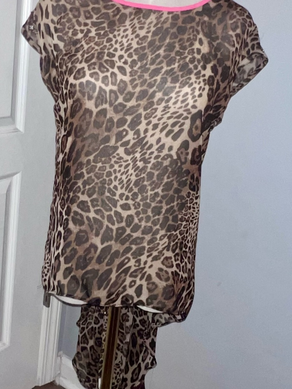 Sheer Leopard Print Short Sleeve Top - Brown
